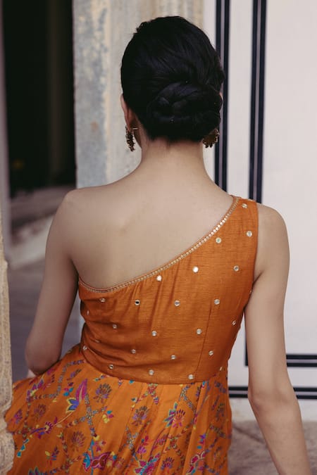Buy_Drishti & Zahabia_Orange Silk, Crepe Embroidery, Sequins, Mirrors One Shoulder Printed Dress _Online_at_Aza_Fashions