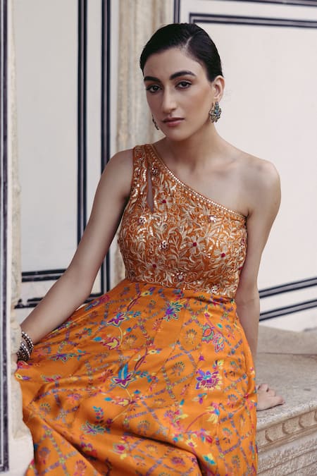 Shop_Drishti & Zahabia_Orange Silk, Crepe Embroidery, Sequins, Mirrors One Shoulder Printed Dress _Online_at_Aza_Fashions