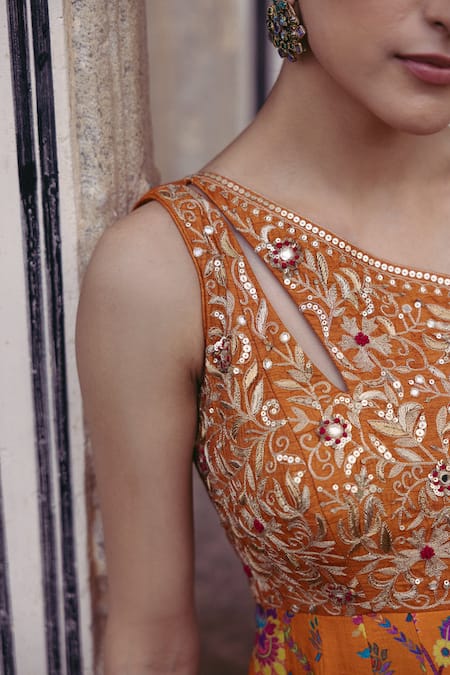 Drishti & Zahabia_Orange Silk, Crepe Embroidery, Sequins, Mirrors One Shoulder Printed Dress _at_Aza_Fashions