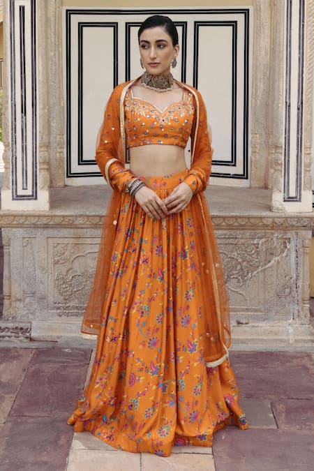 Drishti & Zahabia Orange Dupion Silk Printed Floral Sweetheart Neck Gathered Skirt Set