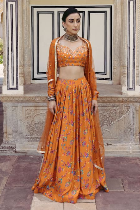 Drishti & Zahabia_Orange Silk, Crepe, Net Embroidery, Mirrors, Floral Print Gathered Skirt Set _Online_at_Aza_Fashions