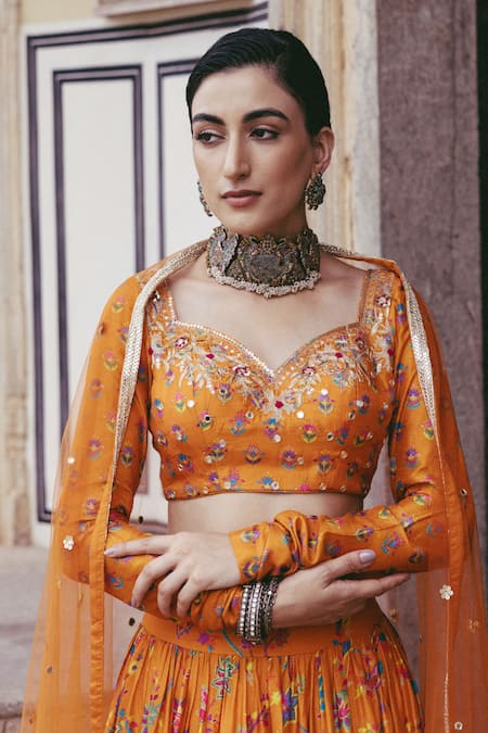 Buy_Drishti & Zahabia_Orange Silk, Crepe, Net Embroidery, Mirrors, Floral Print Gathered Skirt Set _Online_at_Aza_Fashions
