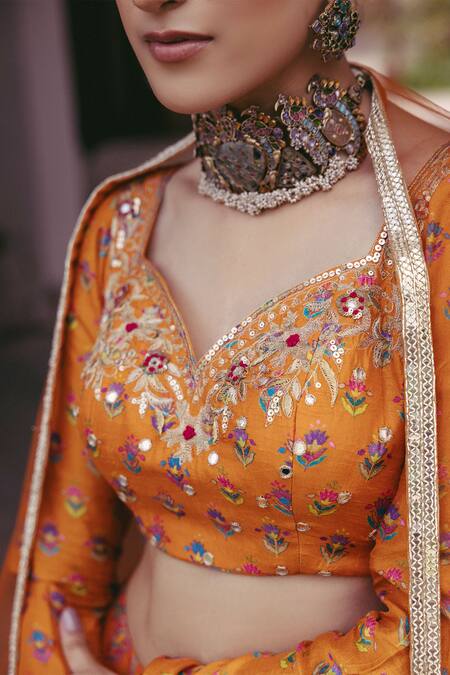 Shop_Drishti & Zahabia_Orange Silk, Crepe, Net Embroidery, Mirrors, Floral Print Gathered Skirt Set _Online_at_Aza_Fashions