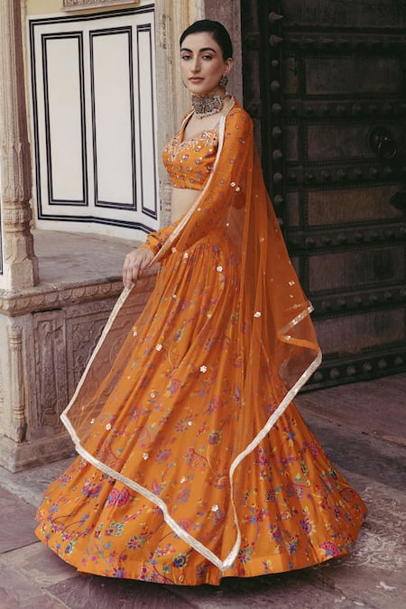 Drishti & Zahabia_Orange Silk, Crepe, Net Embroidery, Mirrors, Floral Print Gathered Skirt Set _at_Aza_Fashions