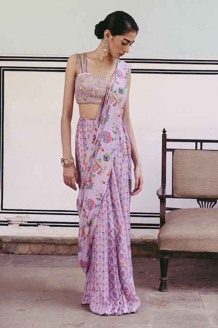 Drishti & Zahabia_Purple Silk, Crepe Sequins, Mirrors, Printed Pre-draped Saree With Blouse _Online_at_Aza_Fashions