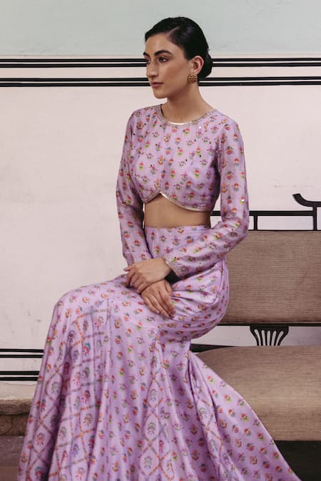 Buy_Drishti & Zahabia_Purple Denim, Silk, Crepe Floral Print Crop Top And Fish Tail Skirt Set _Online_at_Aza_Fashions