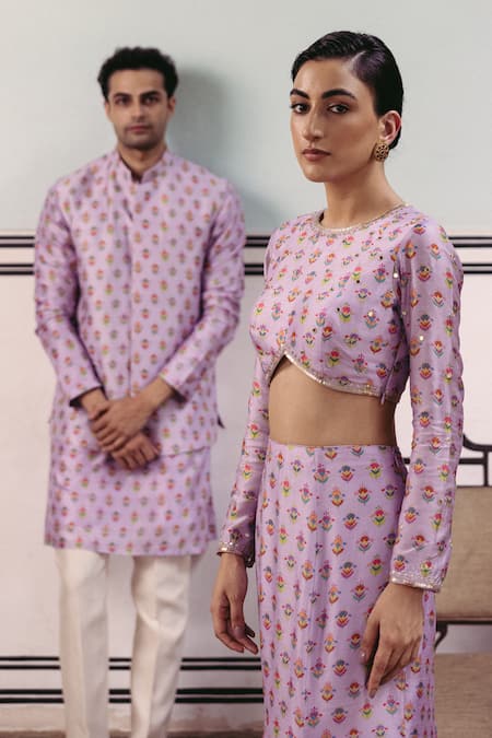 Shop_Drishti & Zahabia_Purple Denim, Silk, Crepe Floral Print Crop Top And Fish Tail Skirt Set _Online_at_Aza_Fashions