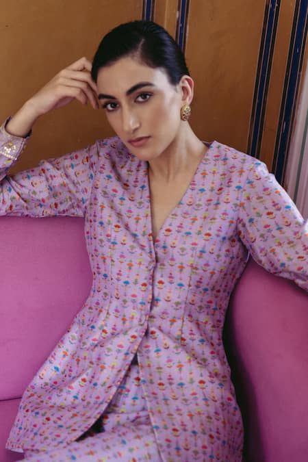 Buy_Drishti & Zahabia_Purple Silk, Crepe Sequins V-neck Floral Print Suit And Pant Set _Online_at_Aza_Fashions