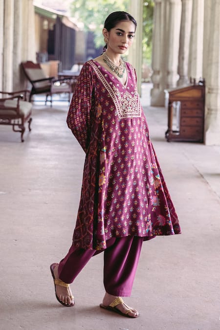 Drishti & Zahabia_Purple Chanderi, Crepe Embroidery, Sequins Hand Kalidar Kurta And Salwar Set _Online_at_Aza_Fashions