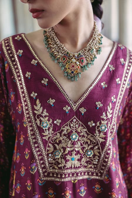 Shop_Drishti & Zahabia_Purple Chanderi, Crepe Embroidery, Sequins Hand Kalidar Kurta And Salwar Set _Online_at_Aza_Fashions