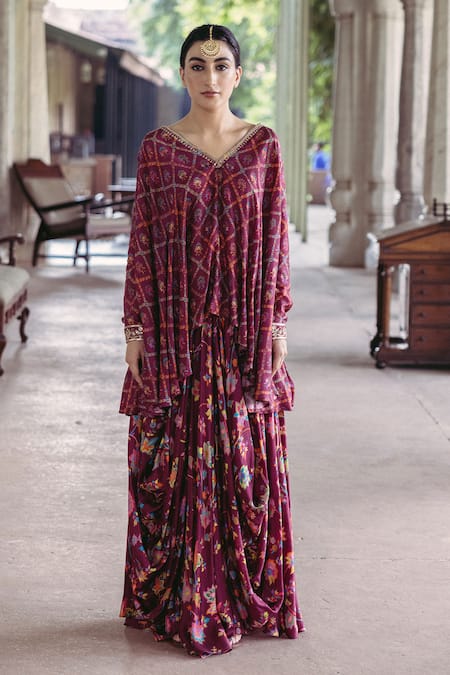 Drishti & Zahabia Floral Print Asymmetric Tunic & Skirt Set 