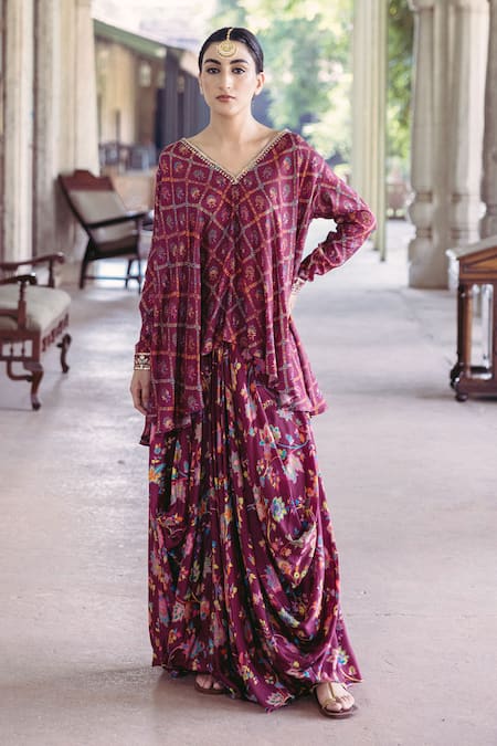 Drishti & Zahabia_Purple Silk, Crepe Sequins, Embroidery Floral Print Asymmetric Tunic And Skirt Set _Online_at_Aza_Fashions