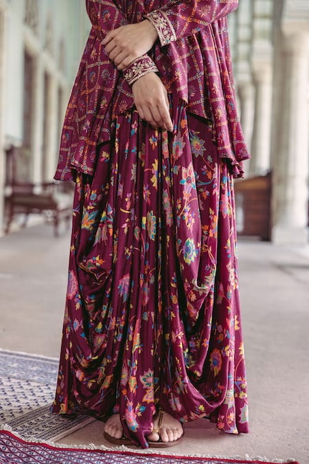 Buy_Drishti & Zahabia_Purple Silk, Crepe Sequins, Embroidery Floral Print Asymmetric Tunic And Skirt Set _Online_at_Aza_Fashions