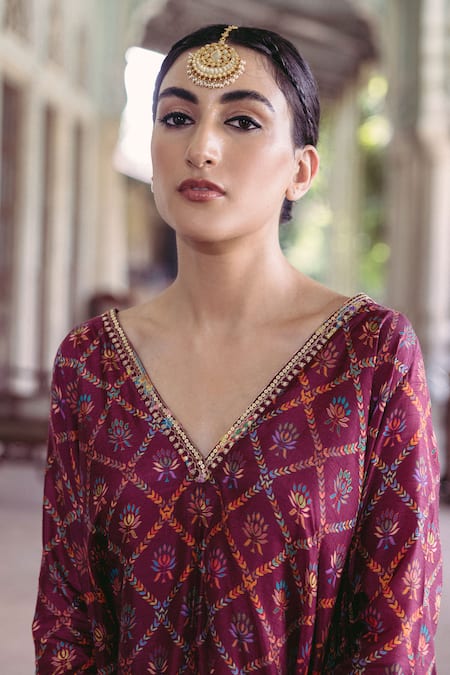 Shop_Drishti & Zahabia_Purple Silk, Crepe Sequins, Embroidery Floral Print Asymmetric Tunic And Skirt Set _Online_at_Aza_Fashions