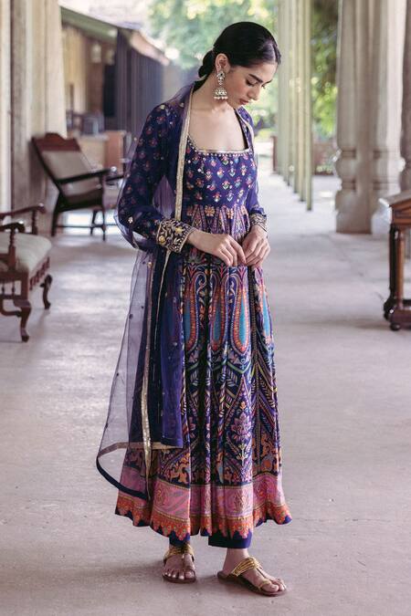 Drishti & Zahabia_Blue Denim, Chanderi, Net Sequins Square Neck Printed Anarkali Pant Set_Online_at_Aza_Fashions
