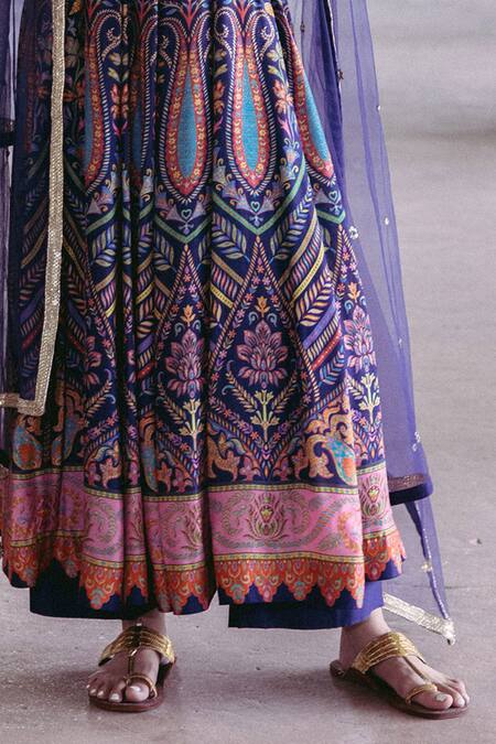 Buy_Drishti & Zahabia_Blue Denim, Chanderi, Net Sequins Square Neck Printed Anarkali Pant Set_Online_at_Aza_Fashions