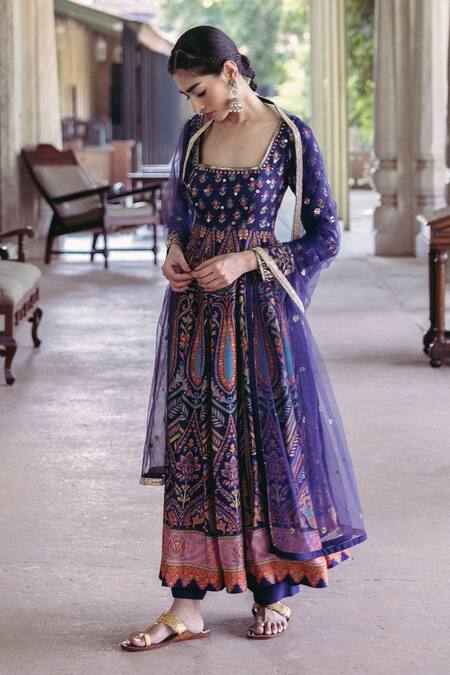 Shop_Drishti & Zahabia_Blue Denim, Chanderi, Net Sequins Square Neck Printed Anarkali Pant Set_Online_at_Aza_Fashions