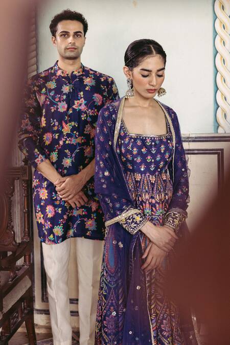 Drishti & Zahabia_Blue Denim, Chanderi, Net Sequins Square Neck Printed Anarkali Pant Set_at_Aza_Fashions