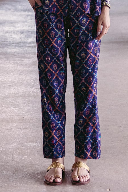 Buy_Drishti & Zahabia_Blue Silk, Crepe Embroidery Printed Shirt And Trousers Set _Online_at_Aza_Fashions