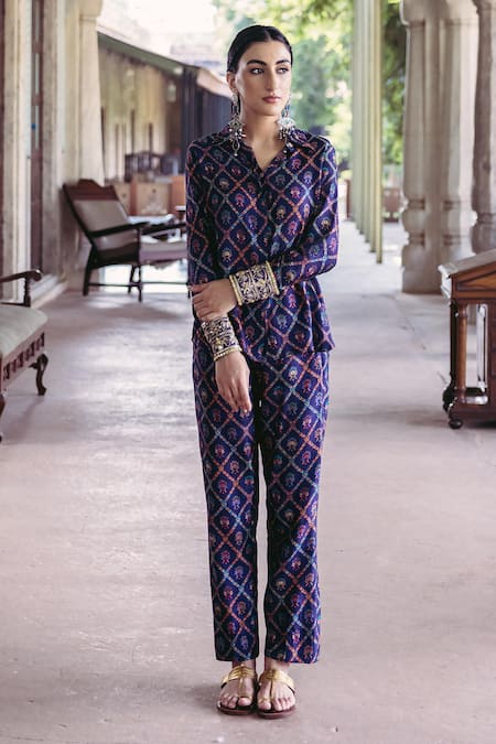 Shop_Drishti & Zahabia_Blue Silk, Crepe Embroidery Printed Shirt And Trousers Set _Online_at_Aza_Fashions