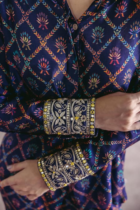 Drishti & Zahabia_Blue Silk, Crepe Embroidery Printed Shirt And Trousers Set _at_Aza_Fashions