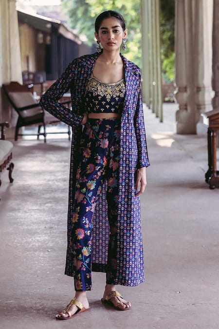 Shop Drishti & Zahabia Blue Denim, Crepe, Silk Embroidery Round Neck Floral Printed Jacket And Pant Set at Aza Fashions Shop_Drishti & Zahabia_Blue Denim, Crepe, Silk Embroidery Round Neck Floral Printed Jacket And Pant Set_at_Aza_Fashions