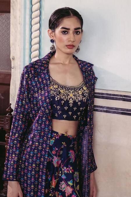 Drishti & Zahabia Blue Denim, Crepe, Silk Embroidery Round Neck Floral Printed Jacket And Pant Set Online at Aza Fashions Drishti & Zahabia_Blue Denim, Crepe, Silk Embroidery Round Neck Floral Printed Jacket And Pant Set_Online_at_Aza_Fashions