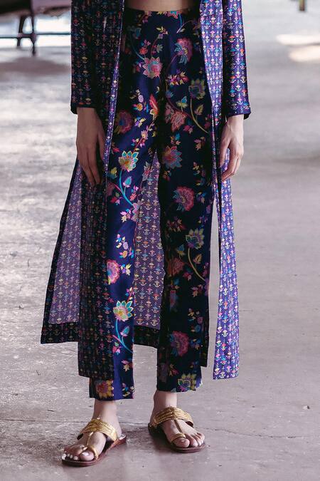 Buy Drishti & Zahabia Blue Denim, Crepe, Silk Embroidery Round Neck Floral Printed Jacket And Pant Set Online at Aza Fashions Buy_Drishti & Zahabia_Blue Denim, Crepe, Silk Embroidery Round Neck Floral Printed Jacket And Pant Set_Online_at_Aza_Fashions