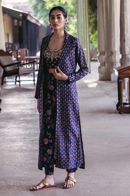 Shop Drishti & Zahabia Blue Denim, Crepe, Silk Embroidery Round Neck Floral Printed Jacket And Pant Set Online at Aza Fashions Shop_Drishti & Zahabia_Blue Denim, Crepe, Silk Embroidery Round Neck Floral Printed Jacket And Pant Set_Online_at_Aza_Fashions
