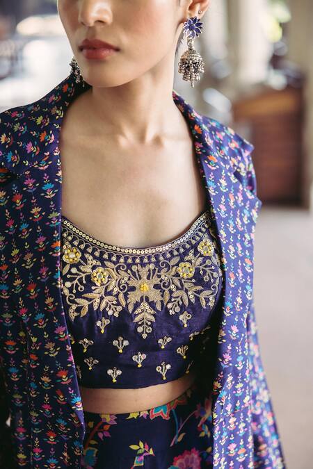 Drishti & Zahabia Blue Denim, Crepe, Silk Embroidery Round Neck Floral Printed Jacket And Pant Set at Aza Fashions Drishti & Zahabia_Blue Denim, Crepe, Silk Embroidery Round Neck Floral Printed Jacket And Pant Set_at_Aza_Fashions