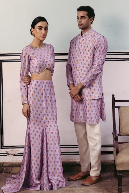 Drishti & Zahabia_Purple Silk, Cotton Embroidery Lotus Print Bundi Kurta Set _Online_at_Aza_Fashions