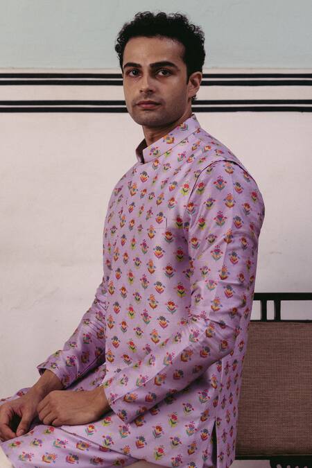 Buy_Drishti & Zahabia_Purple Silk, Cotton Embroidery Lotus Print Bundi Kurta Set _Online_at_Aza_Fashions