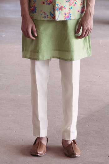 Drishti & Zahabia_Green Silk, Chanderi Silk, Cotton Seafoam Floral Bundi Kurta Set_Online_at_Aza_Fashions