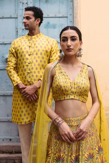 Drishti & Zahabia_Yellow Silk, Cotton Embroidery Lotus Print Kurta Set _Online_at_Aza_Fashions
