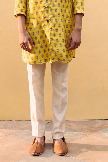 Buy_Drishti & Zahabia_Yellow Silk, Cotton Embroidery Lotus Print Kurta Set _Online_at_Aza_Fashions