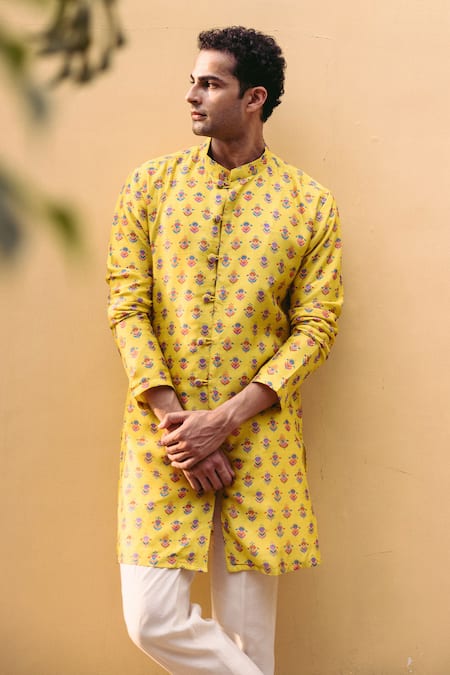 Shop_Drishti & Zahabia_Yellow Silk, Cotton Embroidery Lotus Print Kurta Set _Online_at_Aza_Fashions