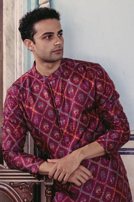 Drishti & Zahabia_Purple Silk, Cotton Lotus Checkered Print Kurta Set_Online_at_Aza_Fashions