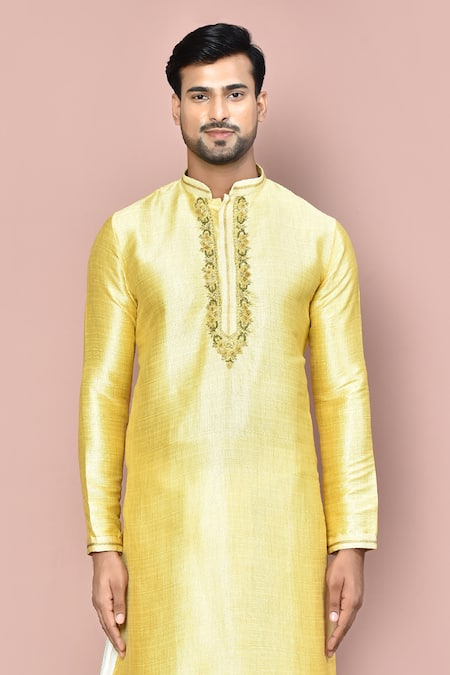 Buy_Arihant Rai Sinha_Beige Cotton Embroidery Zardozi Placket Kurta Set_Online_at_Aza_Fashions