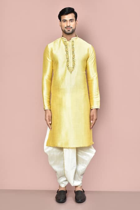 Shop_Arihant Rai Sinha_Beige Cotton Embroidery Zardozi Placket Kurta Set_Online_at_Aza_Fashions