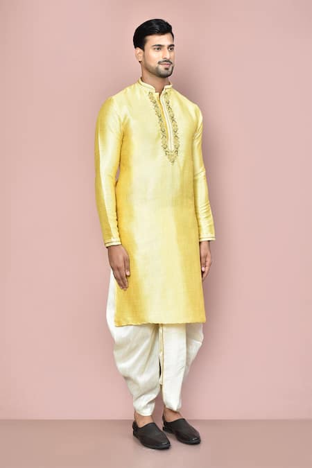 Arihant Rai Sinha_Beige Cotton Embroidery Zardozi Placket Kurta Set_at_Aza_Fashions