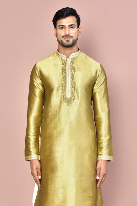 Buy_Arihant Rai Sinha_Gold Cotton Embroidery Zardozi Full Sleeve Kurta Set_Online_at_Aza_Fashions