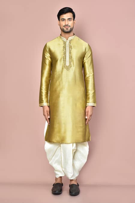 Shop_Arihant Rai Sinha_Gold Cotton Embroidery Zardozi Full Sleeve Kurta Set_Online_at_Aza_Fashions