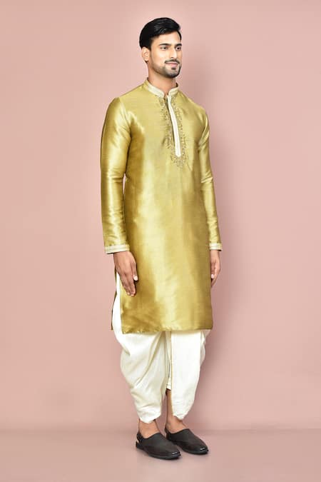 Arihant Rai Sinha_Gold Cotton Embroidery Zardozi Full Sleeve Kurta Set_at_Aza_Fashions