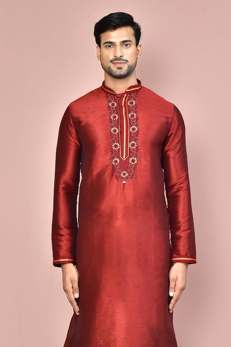 Buy Arihant Rai Sinha Maroon Cotton Embroidery Zardozi Floral Placket Kurta Set Online at Aza Fashions Buy_Arihant Rai Sinha_Maroon Cotton Embroidery Zardozi Floral Placket Kurta Set_Online_at_Aza_Fashions