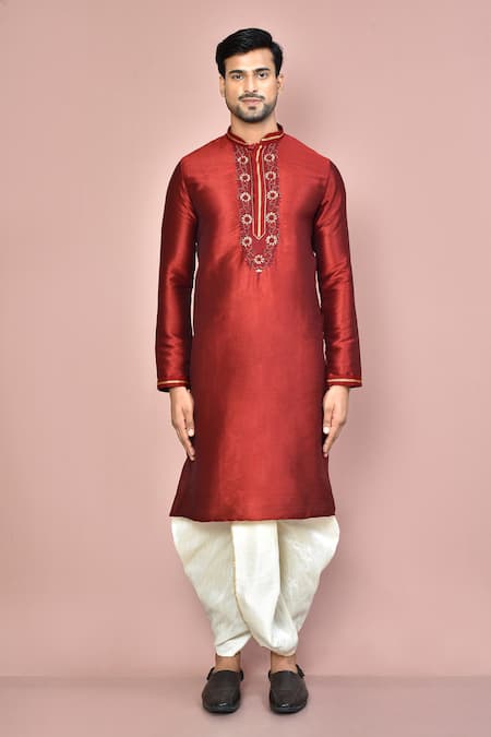 Shop_Arihant Rai Sinha_Maroon Cotton Embroidery Zardozi Floral Placket Kurta Set_Online_at_Aza_Fashions