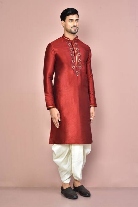 Arihant Rai Sinha_Maroon Cotton Embroidery Zardozi Floral Placket Kurta Set_at_Aza_Fashions