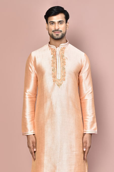 Buy_Arihant Rai Sinha_Peach Cotton Embroidery Floral Pattern Kurta Set _Online_at_Aza_Fashions