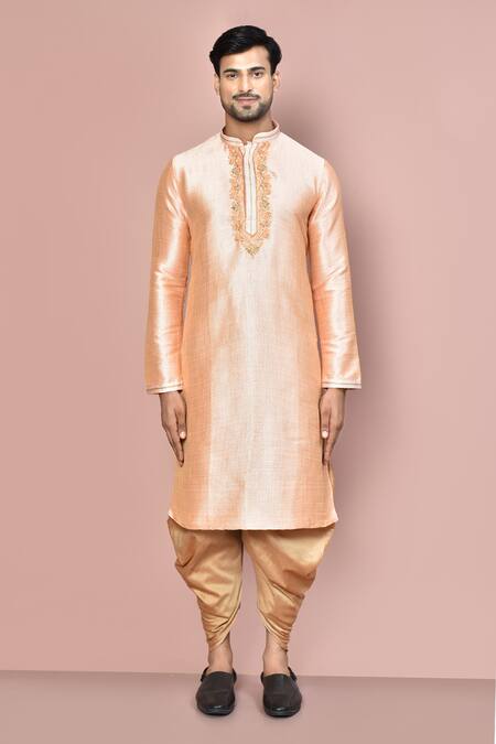 Shop_Arihant Rai Sinha_Peach Cotton Embroidery Floral Pattern Kurta Set _Online_at_Aza_Fashions