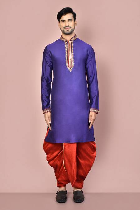 Buy_Arihant Rai Sinha_Purple Cotton Placement Embroidery Thread Placket Kurta With Dhoti Pant_Online_at_Aza_Fashions