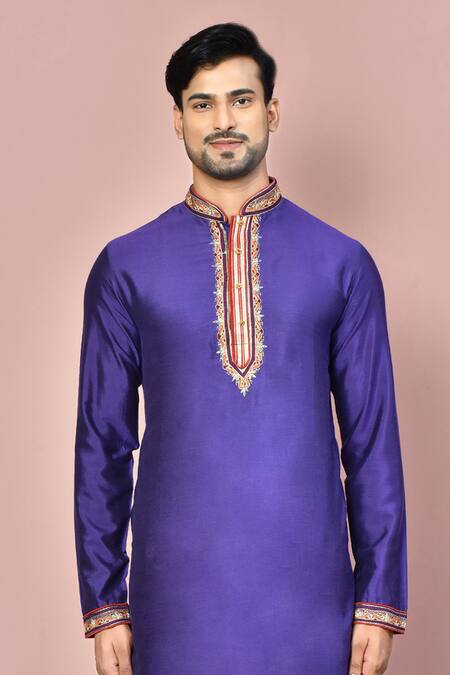 Shop_Arihant Rai Sinha_Purple Cotton Placement Embroidery Thread Placket Kurta With Dhoti Pant_Online_at_Aza_Fashions